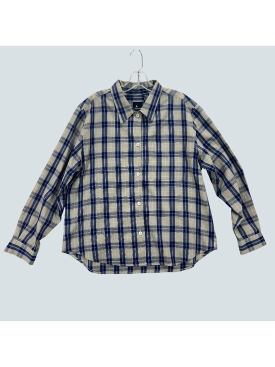 Lizsport Tops - Lizsport Womens Beige & Blue Plaid Cotton Blend Button-Up Shirt Size L